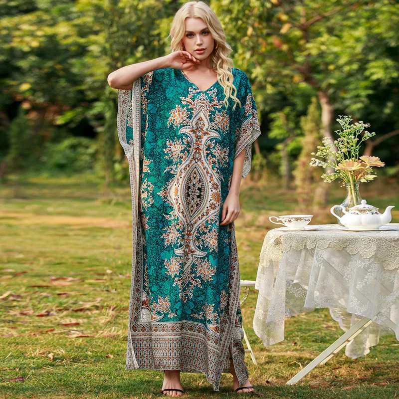 

Ladies Dubai Middle East Clothing Loose Colorful Print Dress Muslim Free Size Women Summer Holiday Djellaba Robe, Customized color