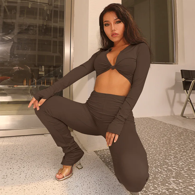 

2020 Autumn winter new Crop top women 2 piece jogger set V neck slim yoga two piece set outfits, Picture showed