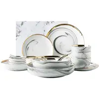 

4 People Using 14 pcs Gold Ceramic Dinner Dish Plate Rice Salad Noodles Bowl Soup Plate Set Ceramic Marble Dinnerware
