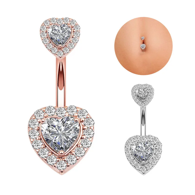 

Wholesale European Zircon Double Heart Barbell Jewelry Stainless Steel Belly Button Ring Navel Sexy Women Body Piercing