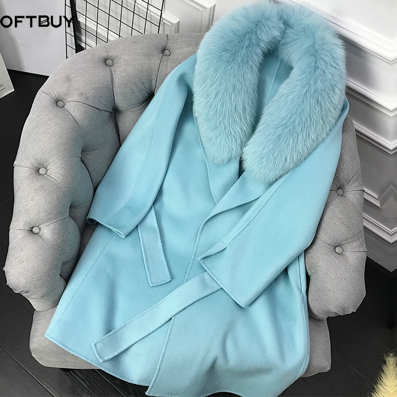 

OFTBUY 2021 Real Fur Coat Winter Jacket Women Natural Fox Fur Collar Cashmere Wool Blends Long Outerwear Belt Ladies Streetwear