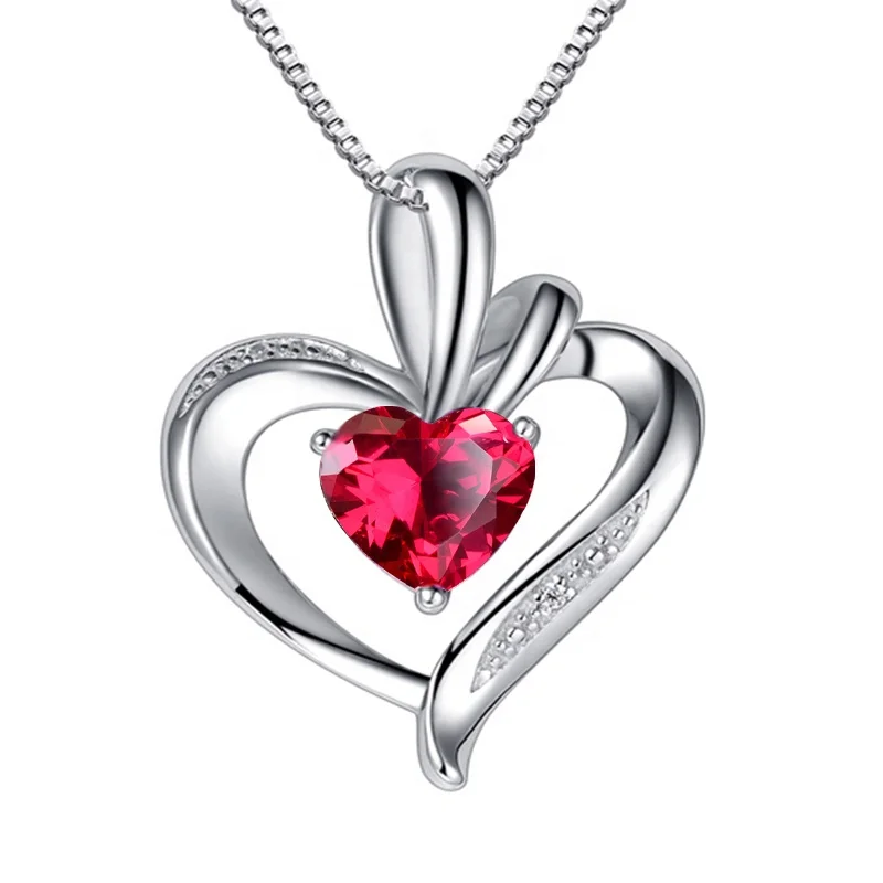 

DDC49 925 Sterling Silver ruby stone New Heart Love Pendant Necklace For Women bijoux
