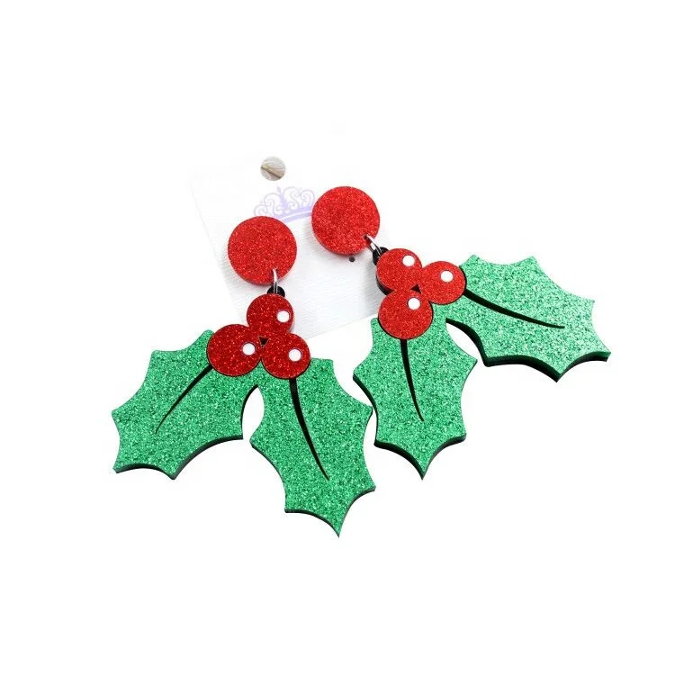 

HP087 Acrylic Christmas Earrings Glitter Laser Cutout Holiday Holly Earrings Acrylic Earrings, Picture