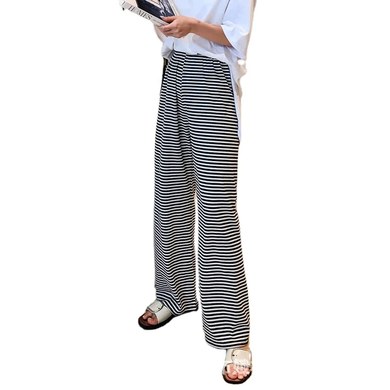 

Black and white striped wide-leg pants women's high waist drape loose summer thin mopping casual straight summer trousers