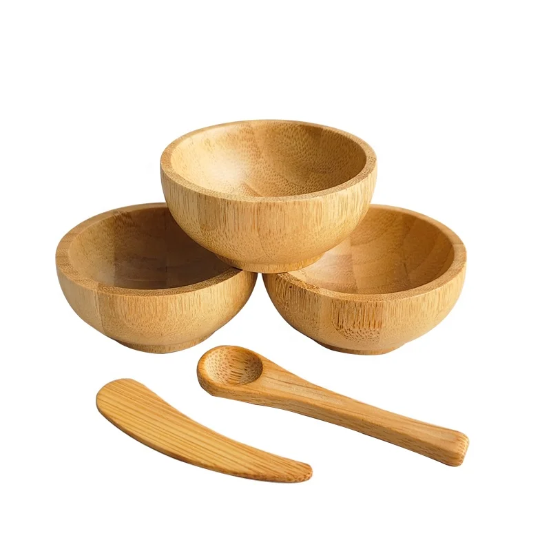 

handmade eco friendly DIY cosmetic masking mixing tools mini wooden bamboo bowl set with bamboo spatula spoon