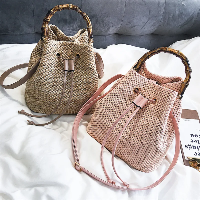 

High quality beach handbag women straw bag wholesale bamboo handle straw bucket bag, Khaki,brown,pink/beach bag