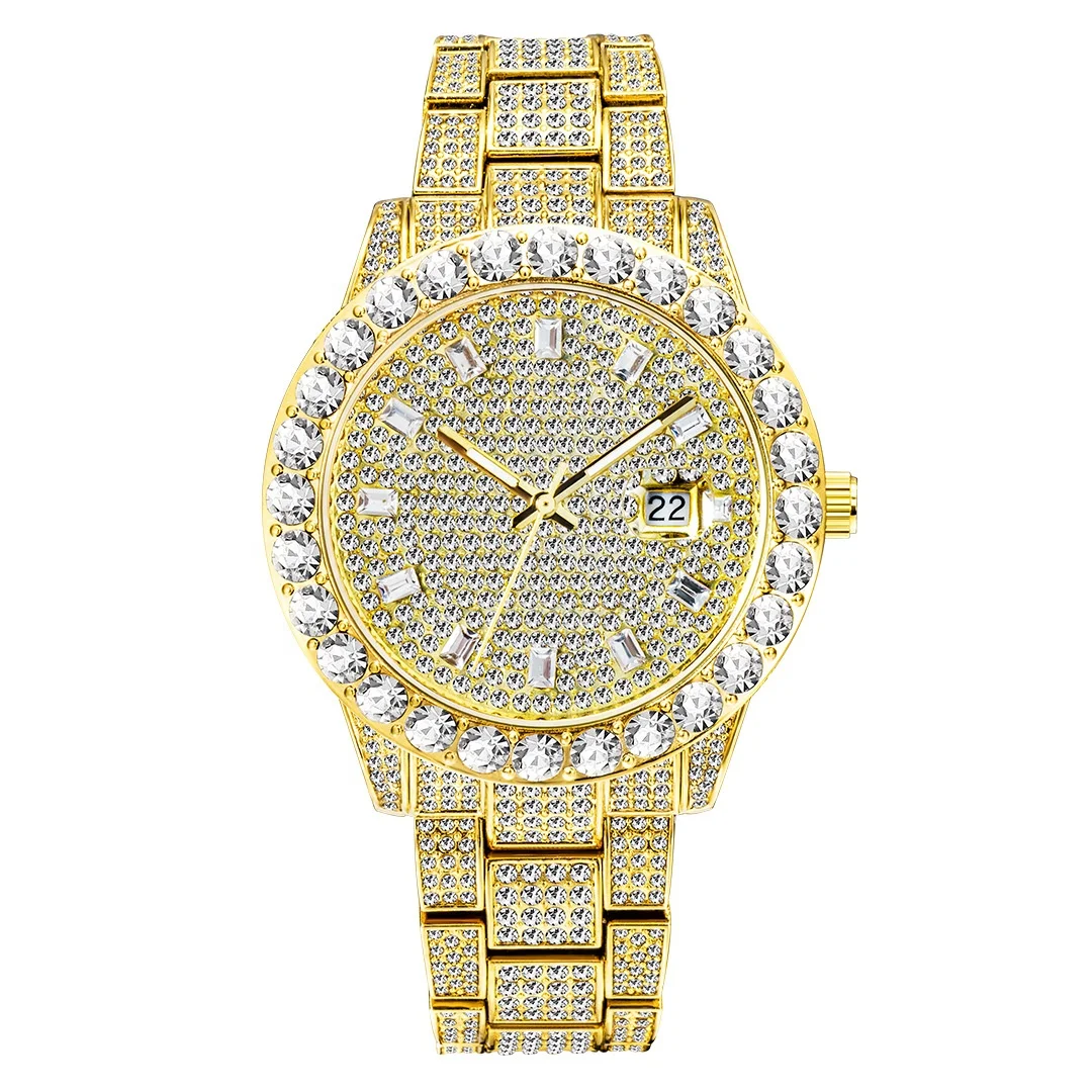 

Luxury Japan Quartz Day Date Gold Hip Hop Bling Iced Out Watch Fully Diamond Watches Men Wrist