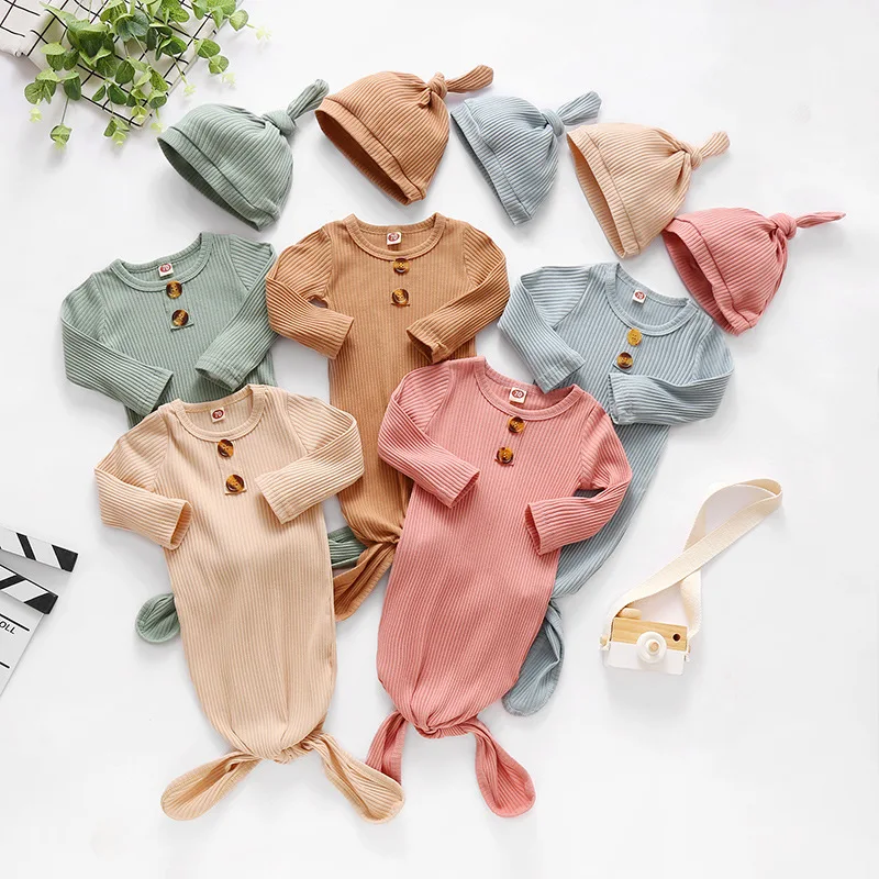 

Custom OEM ODM Newborn Infant Toddler Boy Girl Solid Color Button Up Ribbed Cotton Tie Knotted Baby Sleeping Gown With Hat, Photo showed and customized color