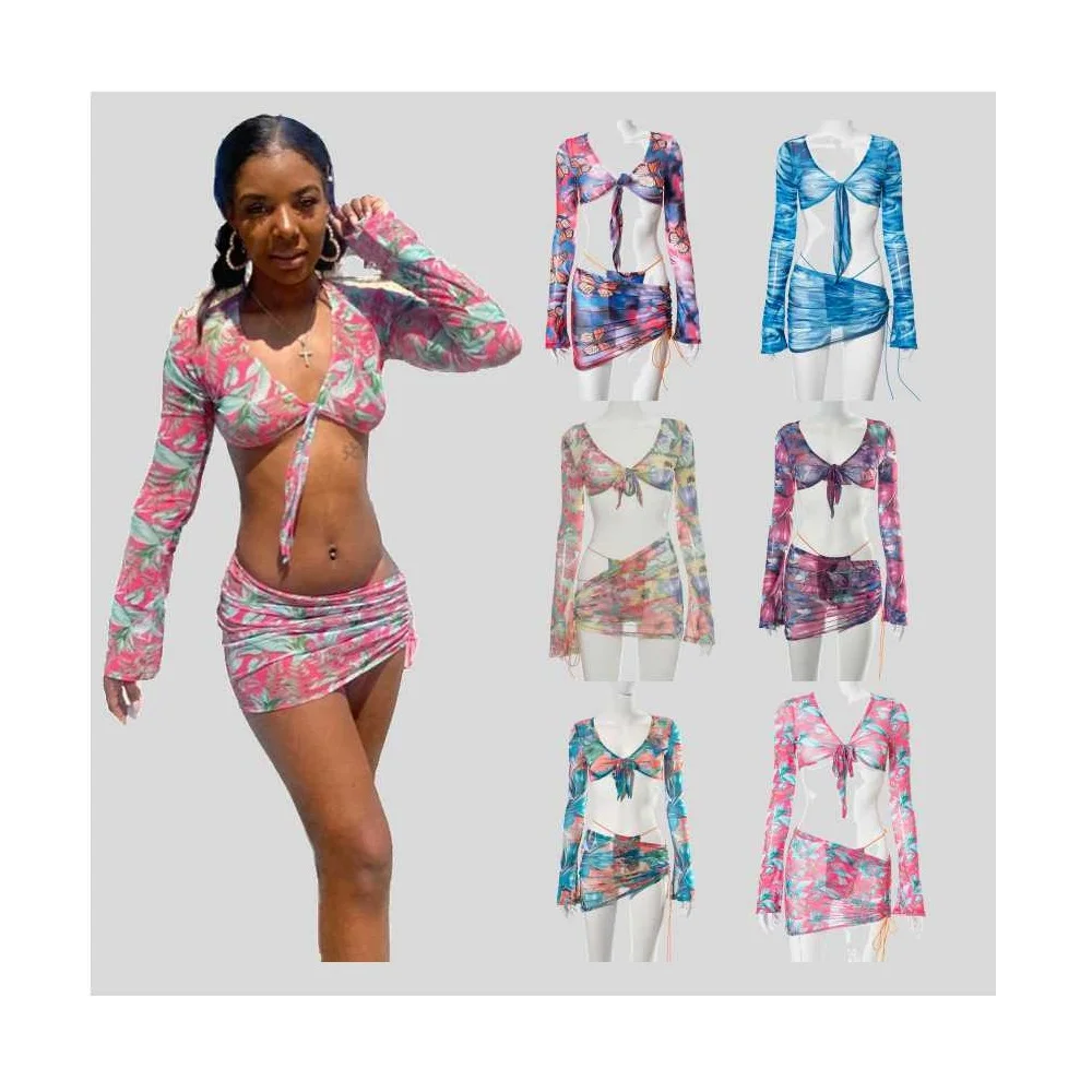 

RS017 2021 Summer Irregular Drawstring Long Sleeve Tie Dye Floral Print Crop Sexy Mini Skirt Set, Customized color