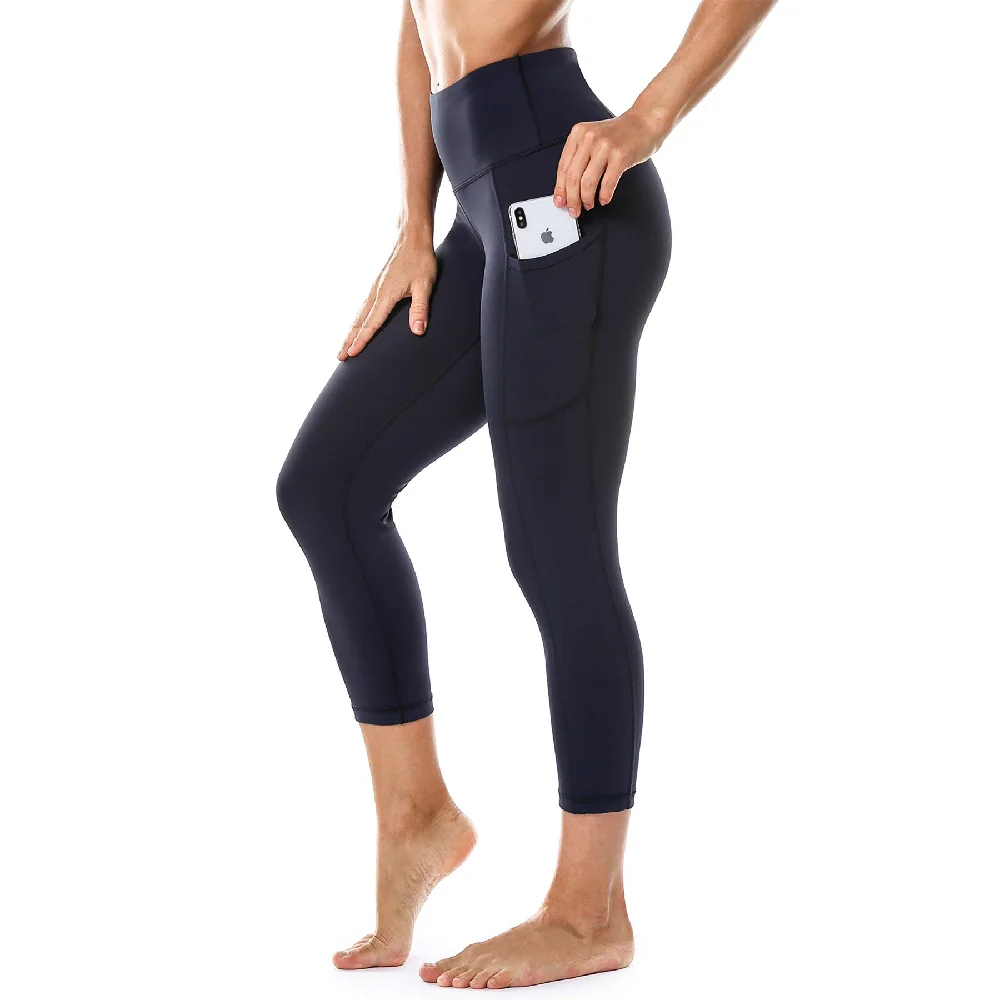 

High Waisted Crop Workout Running Leggings Women's Yoga Pants with Side Pocketed Tummy Control Quick Dry Yoga Capris