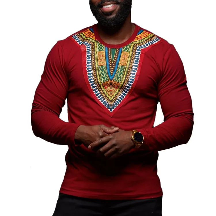 

Fashion African Long Shirt Men Custom Wax Printing Long Sleeve Cotton T-Shirt, Black, navy, red