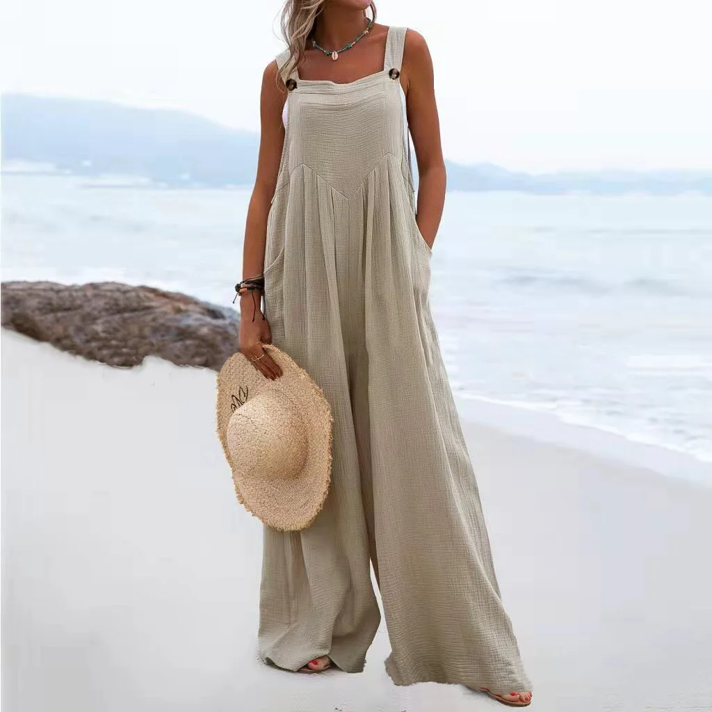 Women Jumpsuit Summer Sleeveless Solid Color Wide Leg Pockets Loose Strappy Playsuit Overall Wide Leg Pockets mono mujer verano