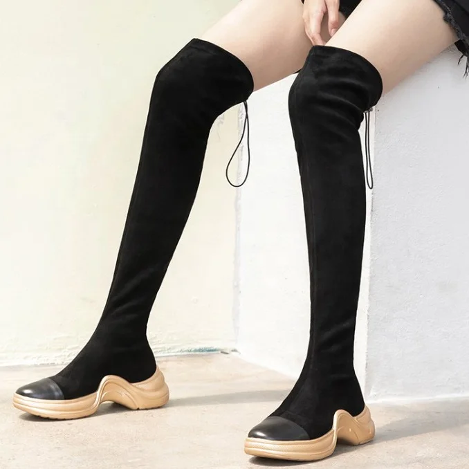 

INS Popular High Top Thick Sole Autumn Women Thigh High Sports Boots Round Toe Over Knee High Booties Women Daily Casual Shoes, Black