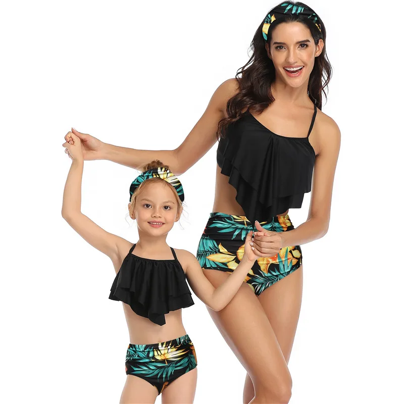 

Women Parent Child Swimsuit Swim Bathing Suit High Waist Ruffle Sling Bikini Set Swimwear Bather Push up Beach Wear