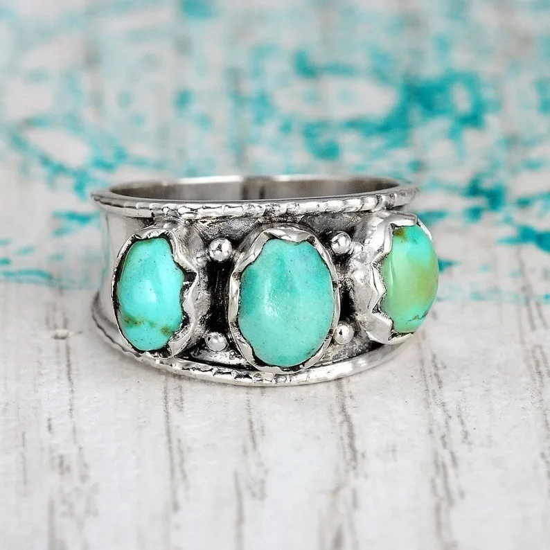 

New Hot Selling Ethnic Turquoise gem stone Ring Vintage Bohemian Style Fashion Jewelry Women's Ring