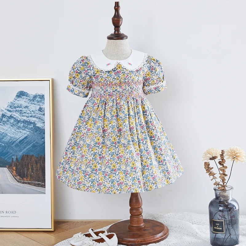 

RTS casual floral children dress flower embroidered hand smocked girls dresses, Multi colour options