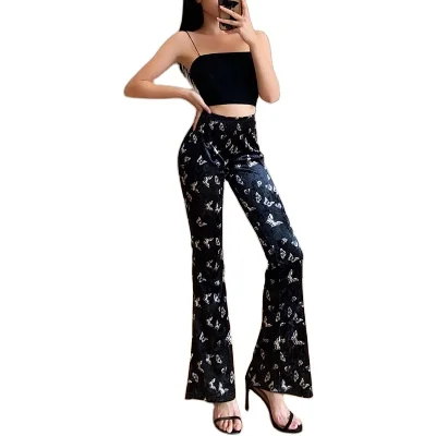 

2021 Fashion Butterfly Velvet Winter Fall Flare Pants Women Sexy Bell Bottom Streetwear Clothes Club Goth Trouser