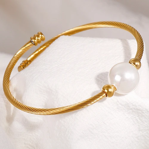 

Simple stainless steel Cuff bracelet woman wire rope pearl bracelet custom bracelet
