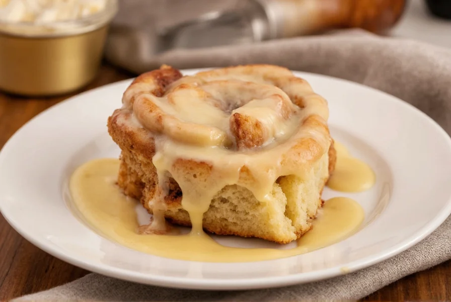 Perfectly baked yeast cinnamon rolls with cream cheese glaze dripping down the sides