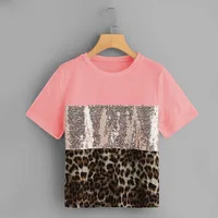 

Multicolor Pink Color Block Leopard Print Tee Women Slim Fit T-shirt Summer Stretchy Round Neck Spring Solid Tshirts Top