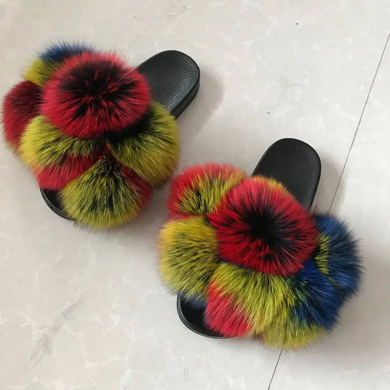 

2021 factory direct soft warm home style real fox fur slippers slides sandals with big color choices, Customized color