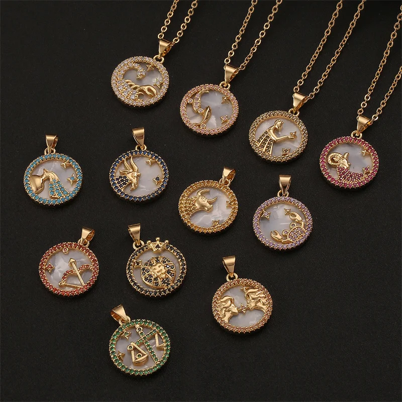 

Wholesale Gold Couple Shell Round Coin Colorful Zircon 12 Zodiac Sign Pendant Necklace For Womens