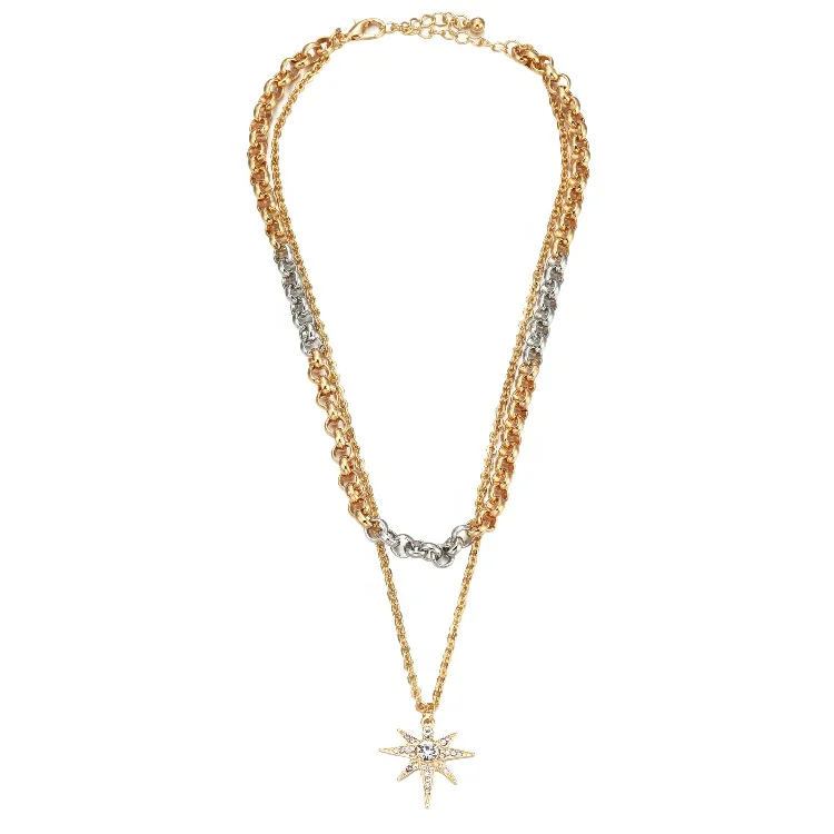 

Fashion Lady Punk Designer Thick Chain Double-color Necklace With Stars Pendant, Gold/silver