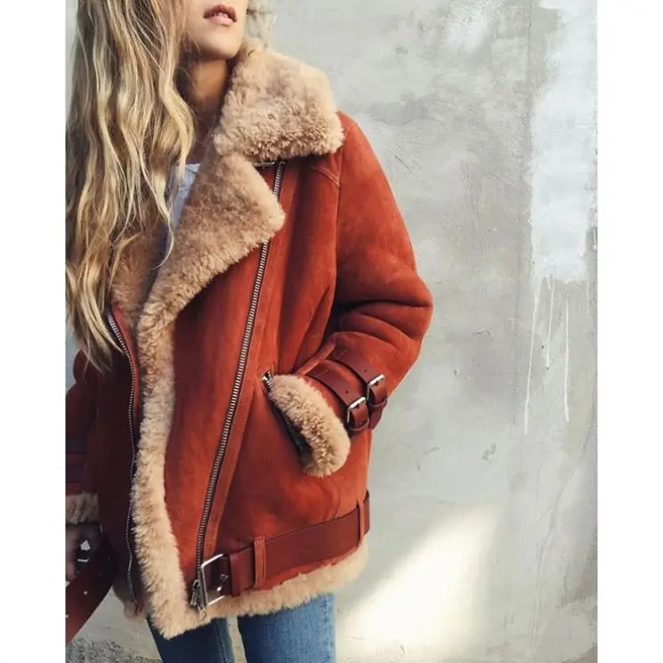 

Womens Lambs Wool Coat Aviator Leather Jacket Winter Thick Lapel Fur Coat Tops, As picture