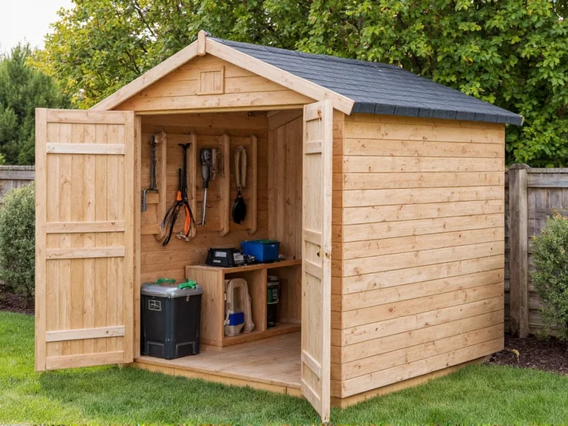Customized DIY storage shed with garden tools organized