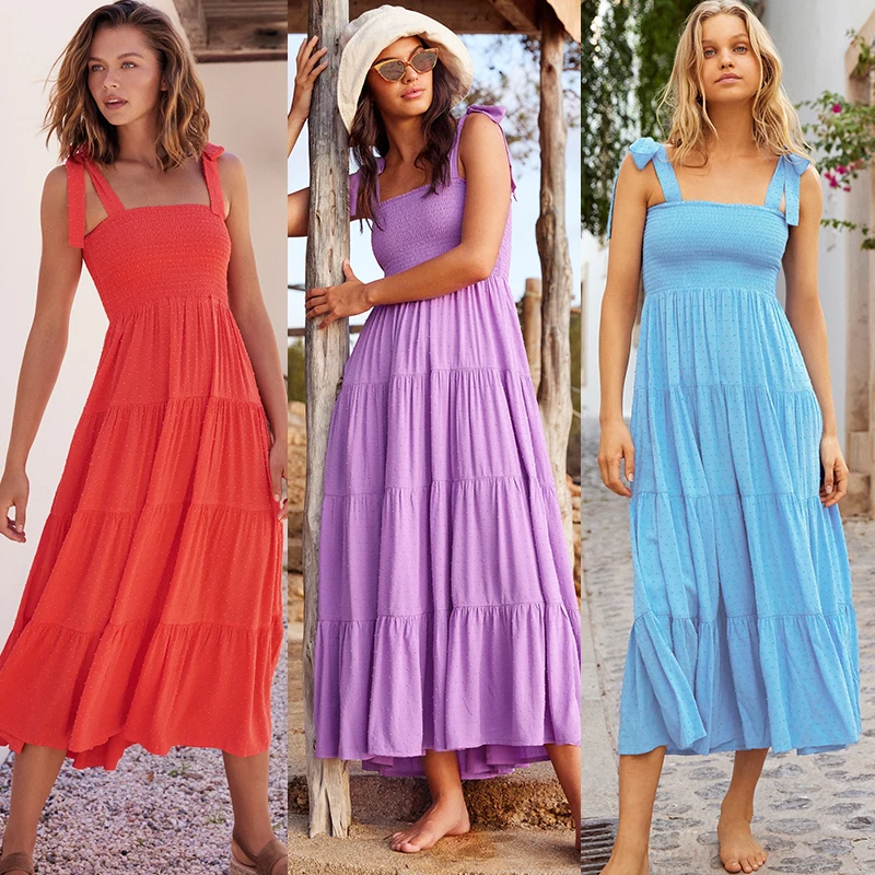 

Floral Ruffle Women Summer Dress Holiday Smock Sleeveless Beach Dress Elastic High Waist Lady Casual Dress