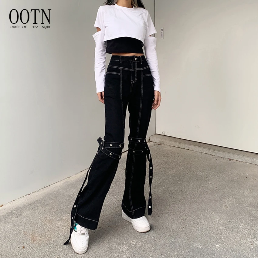 

OOTN Punk Aesthetics High Waist Denim Black Jeans 90s Fashion Long Trousers 2021 Vintage Y2K Streetwear Bandage Flare Pants