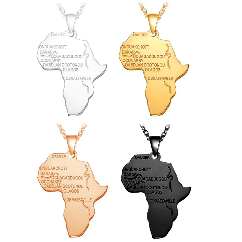

Fashion Big Africa Necklace 18K Gold Plated Stainless Steel African Map Pendant Necklace Hip Hop Rapper Jewelry for Women Men, Gun black,silver,rose gold
