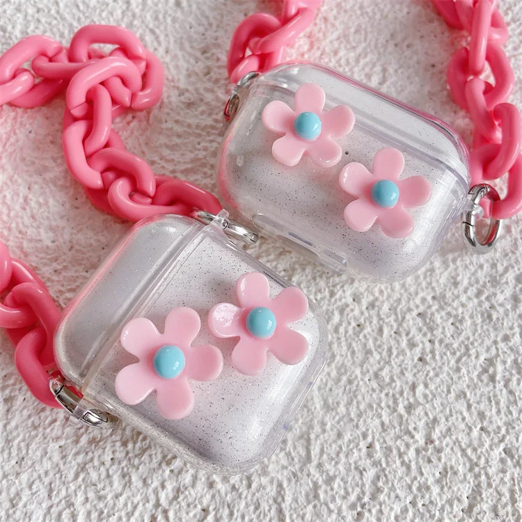 

2021 Korean Luxury Girly Lovely Flower Cute Soft Wireless Earphone Headset Cover Case with Chain Bracelet for AirPods 1 2 pro 3, Candy color style earphone cases for apple airpods