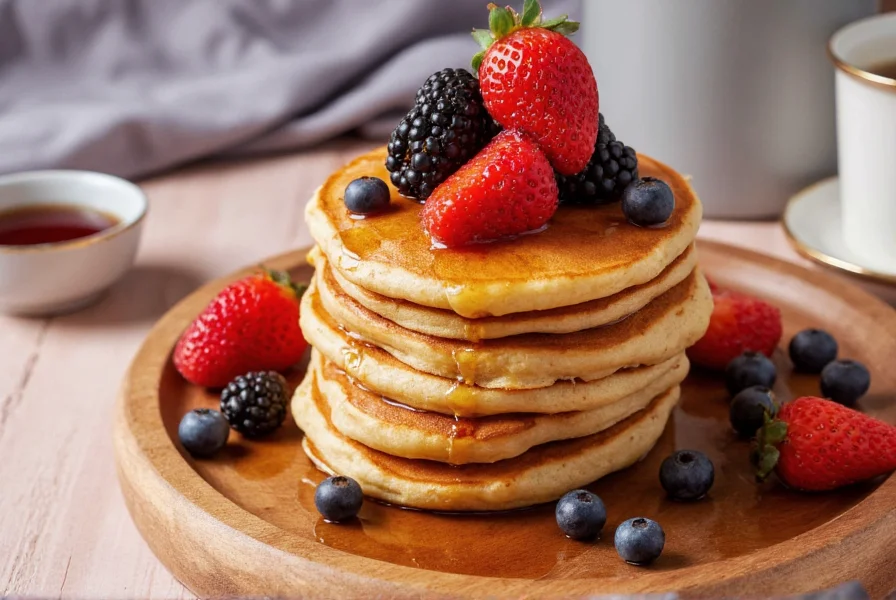 Stack of Honey Cinnamon pancakes topped with fresh berries and maple syrup on a wooden breakfast platter