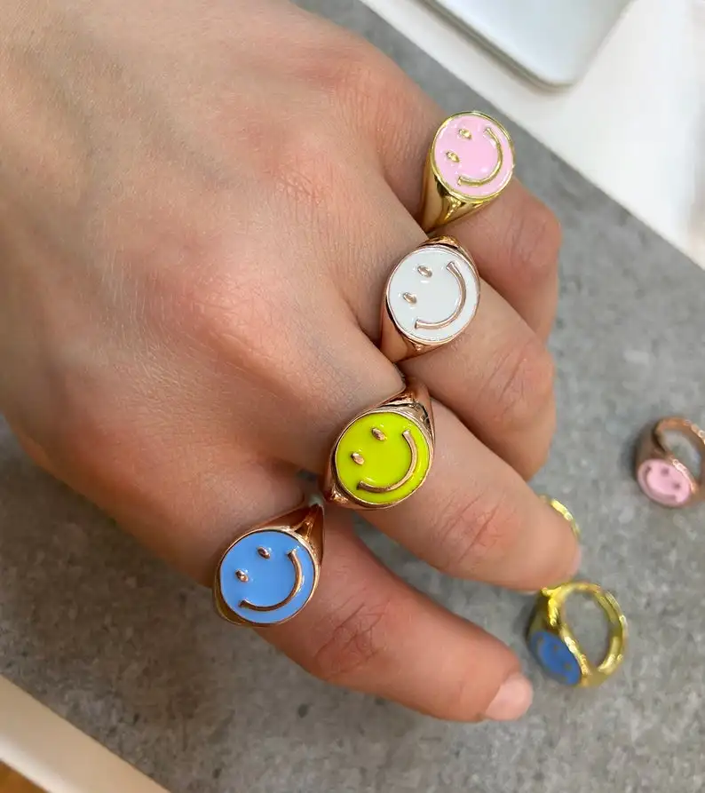 

New Dainty Minimalist 18K Gold Plated Neon Rainbow Enamel Smile Face Smiley Open Rings For Women Girls, Customized