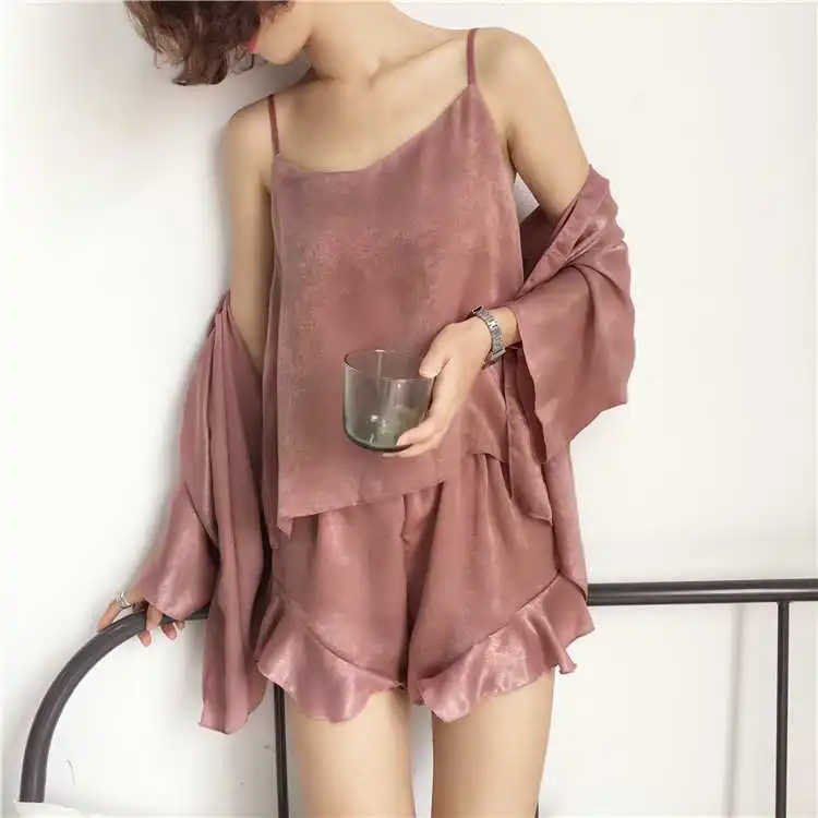 

3-piece set shawl vest lotus leaf shorts ladies sexy pajamas