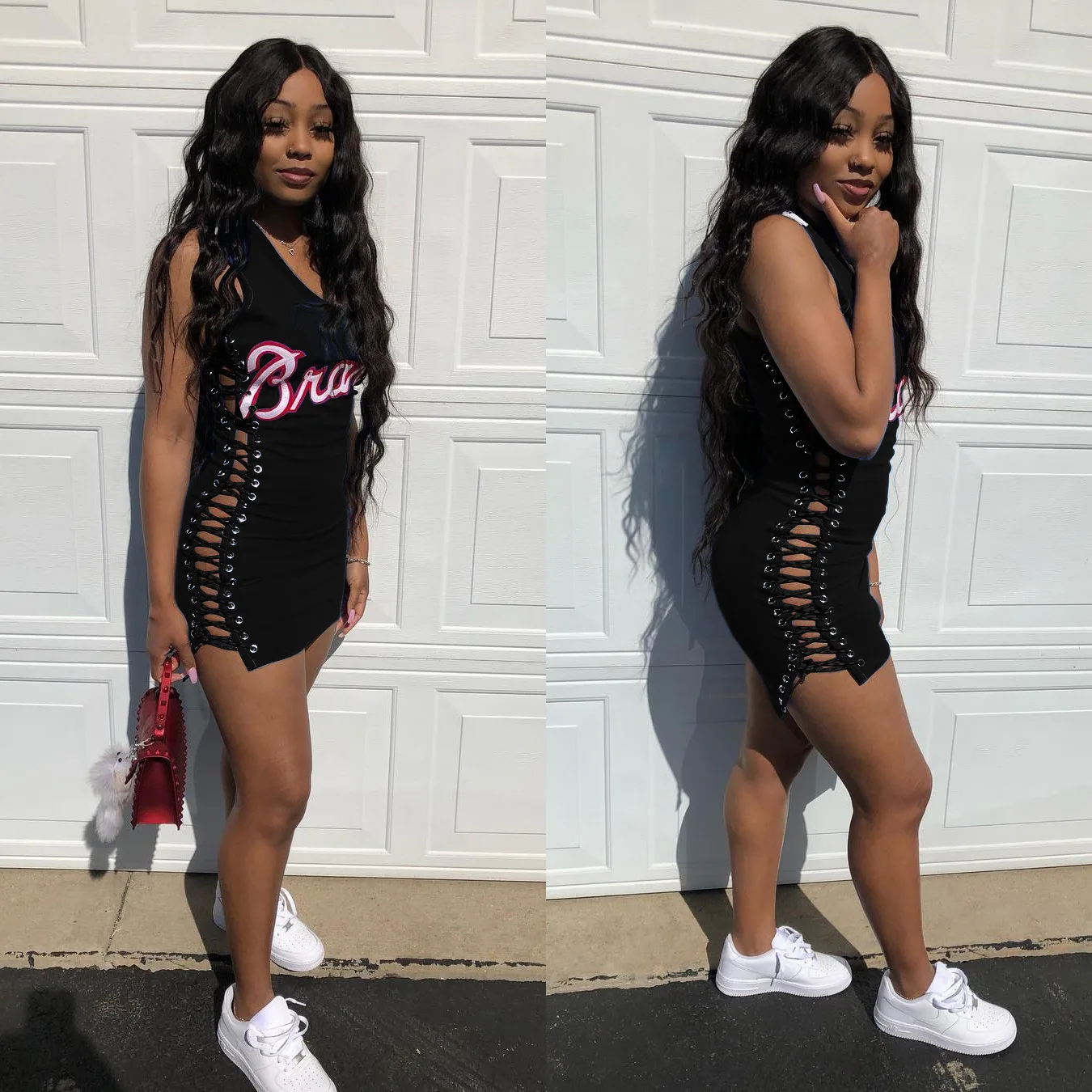 

cheap letter print night club sexy mini lace up sleeveless skirt girls bodysuit summer dress 2021