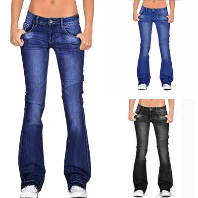 

2021 Top Fashion Spring Low-rise Skinny Medium Washed Women's Boot Cut Jeans, Black,dark blue,light blue