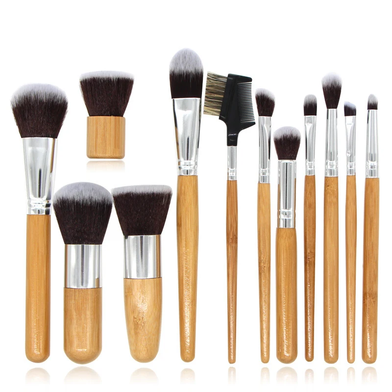 

12pcs bamboo handle Private Label brush sets makeup Premium synthetic Hair cosmetic brush makeupt Eye Blending Brow Shader Liner