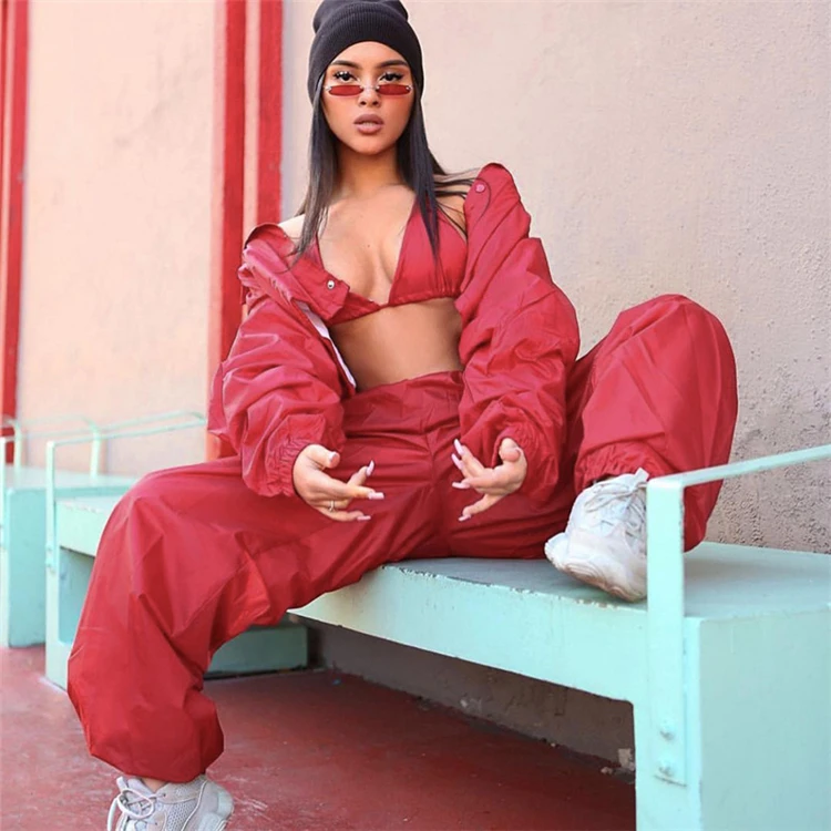 

Hot Style Lady Clothing Fashionable Streetwear Outfit Causal Printed Reflective Pants 3 Piece Set