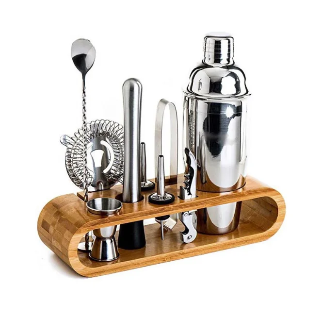 

2021 Direct Factory Boston Bartender Kit Barware tools set Stainless Steel Cocktail Shaker set with Stand