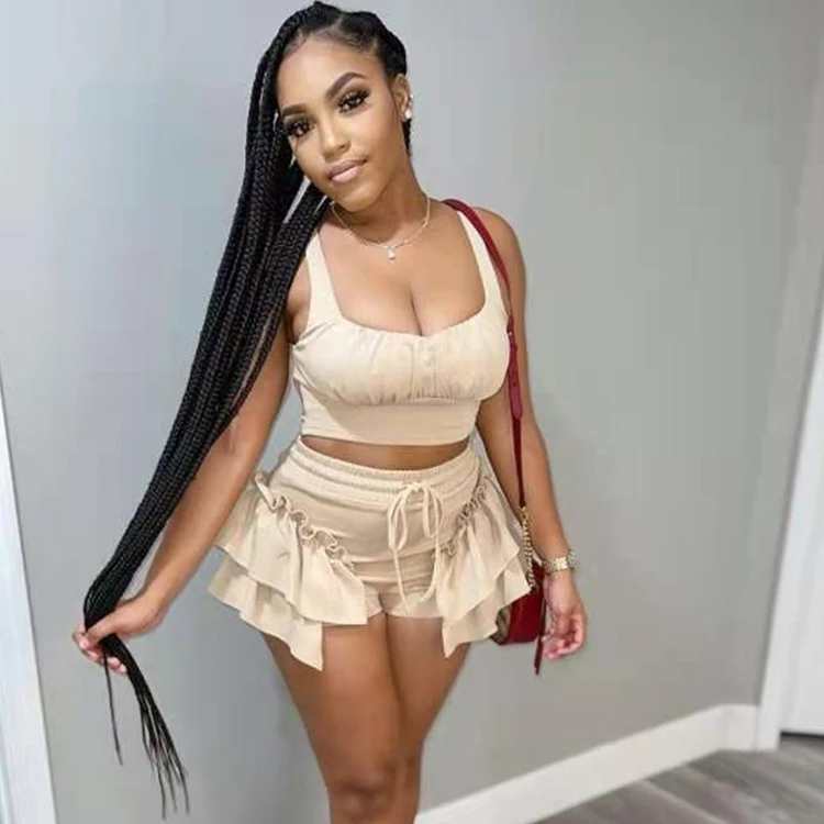 

Solid Ruffled Summer Fashion Two Pieces Top And Short Pants Set Women Suit Set Sleeveless Apparel Stock Womens Gym Set -YS, Multi colors