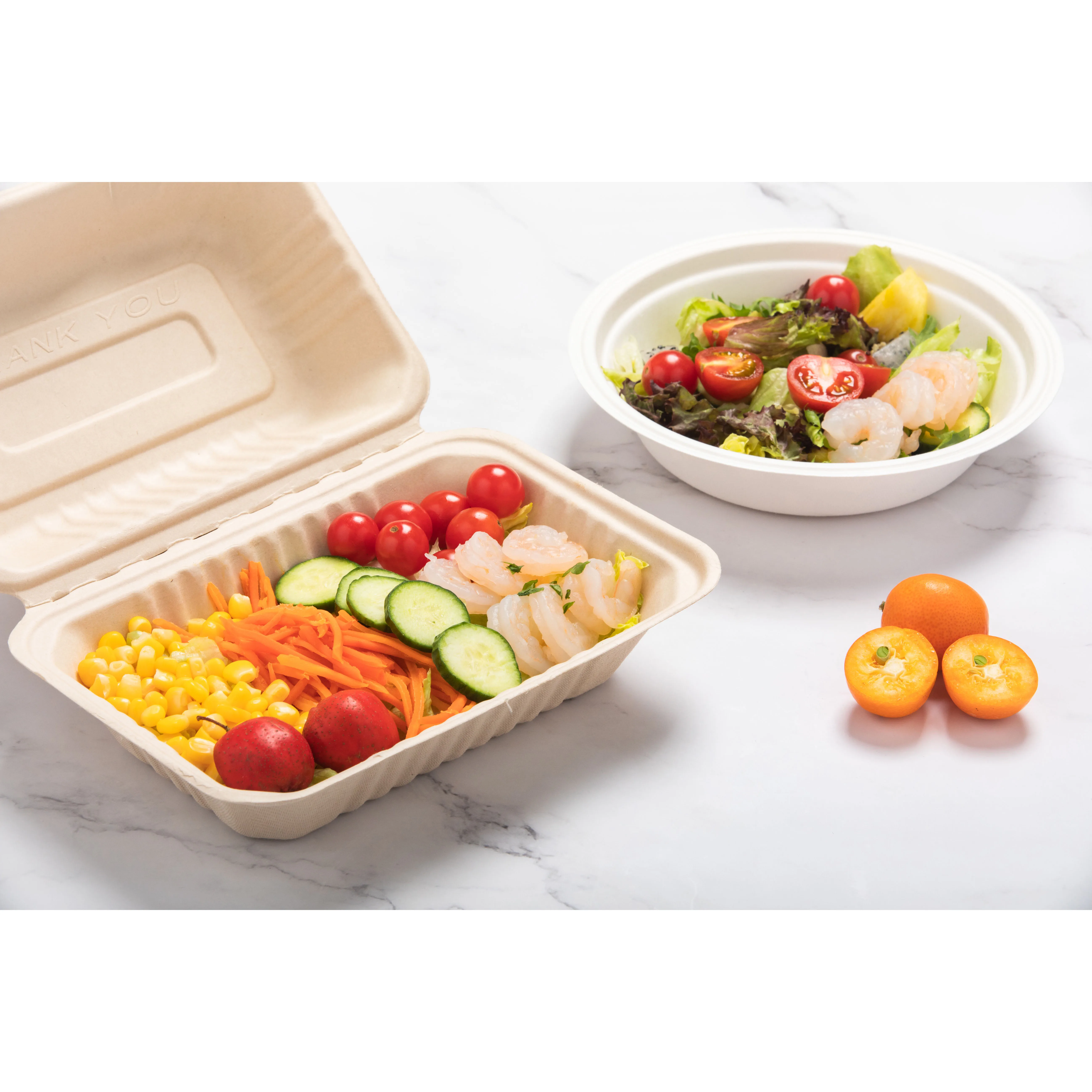 

Top Sell 9x6 Inch Compostable Bagasse Meal Box Buffet Tray Food Container Bagasse Clamshell