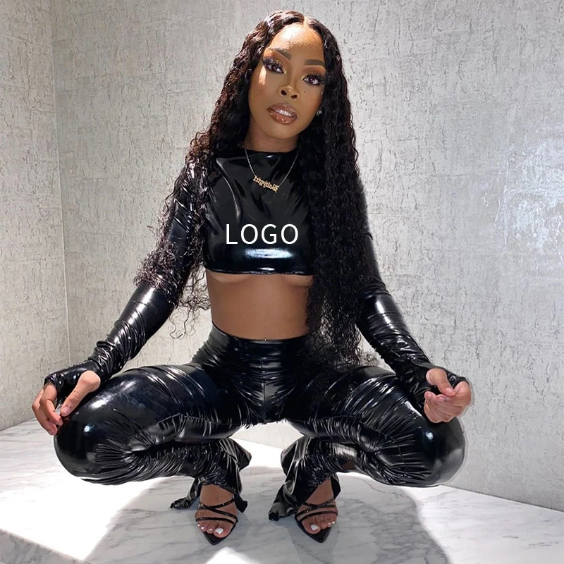 

2021 New Arrivals Autumn Skinny Pleated Leather PU Pants Black Stacked Pants Two Piece Set