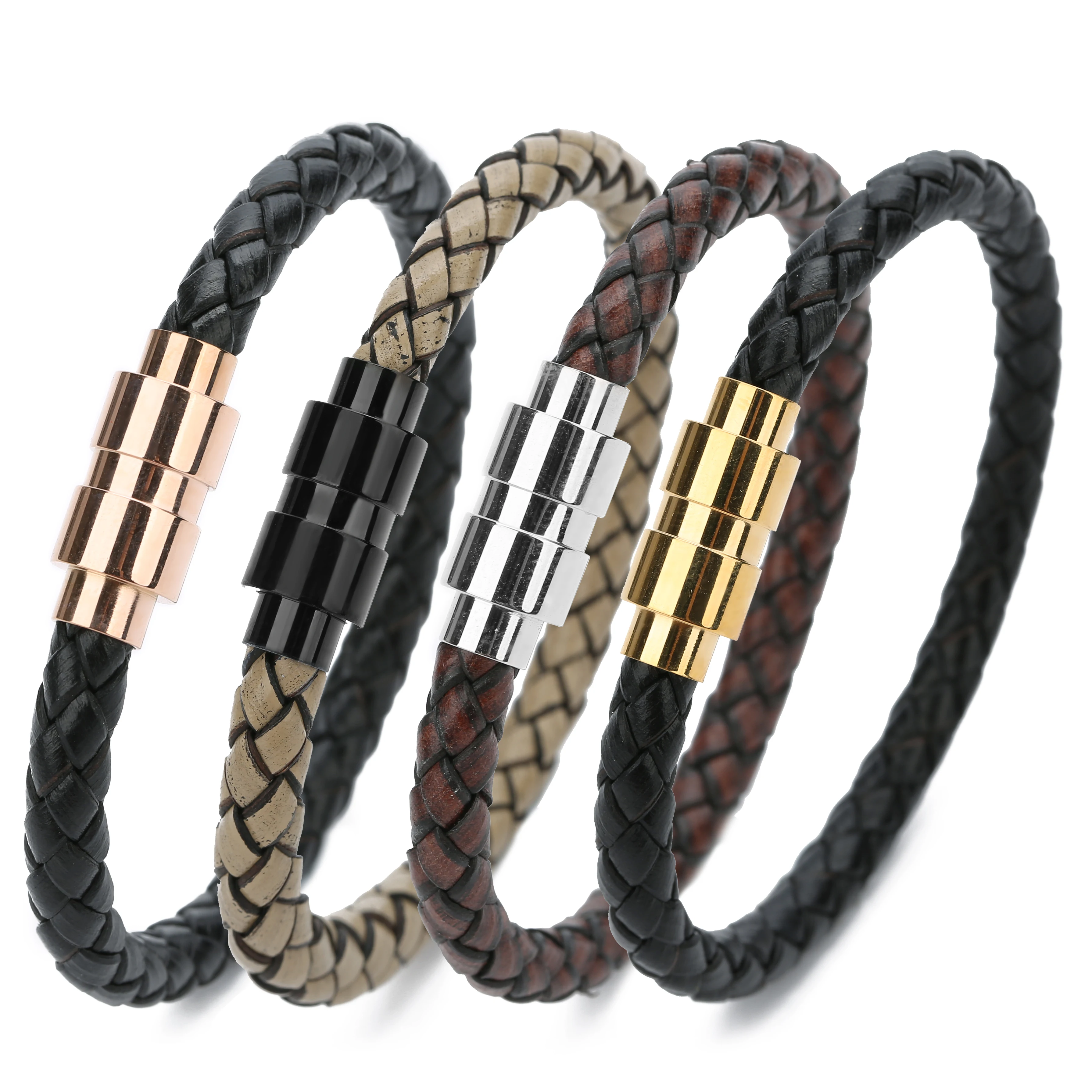 

Wholesale Jewelry Stainless Steel Braided Bracelets Magnetic Buckle Mens Genuine Leather Bracelet for Men