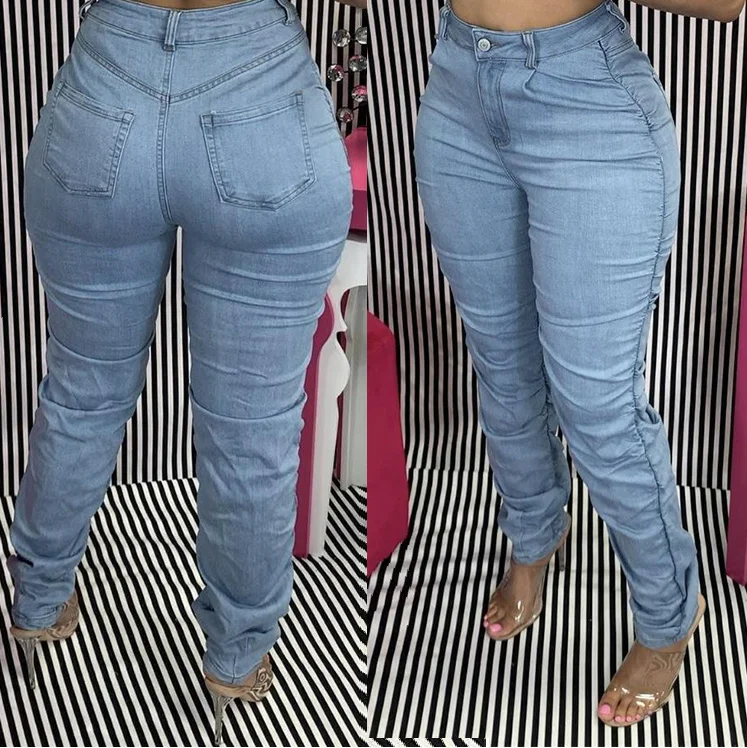 

2020 All-match Classic High-Waist Denim Trouser Pleated Pants Stacked Girls' Boutique Jeans Pants, Light blue