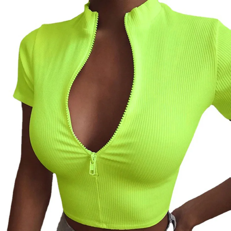 

Sexy Ladies' Blouses Short Sleeves Zipper Slimming Fit Sports T Shirts Woman Fashionable Crop Top