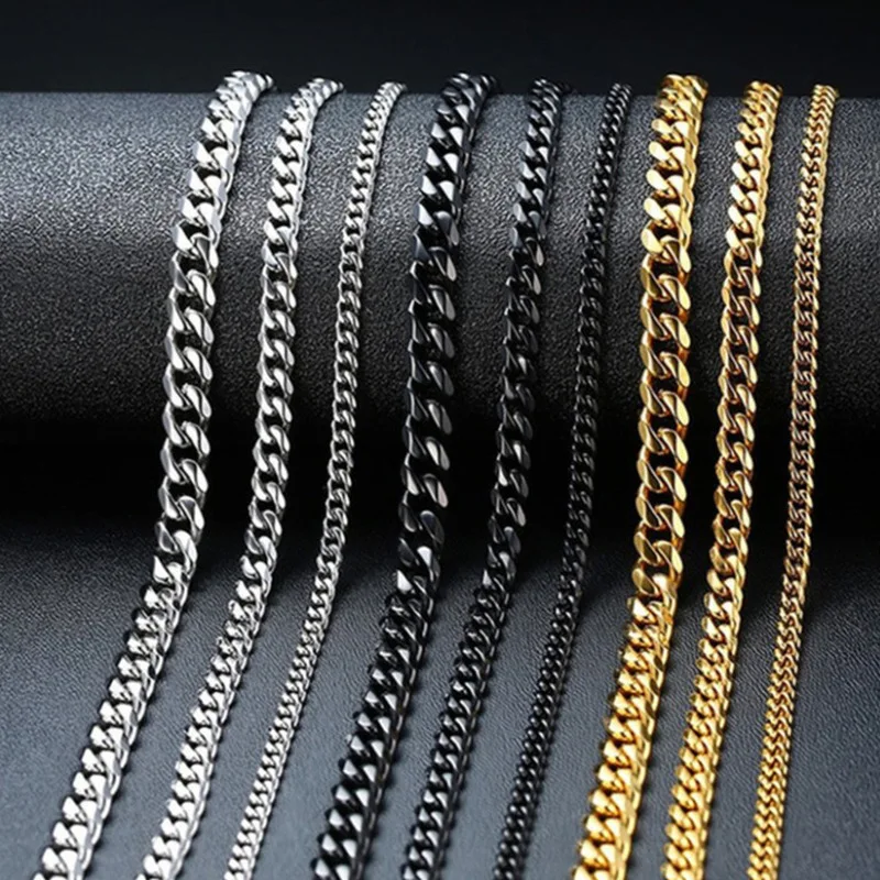 

Wholesale Custom Necklace Waterproof Stainless Steel  18k Gold Plated Cuban Chain Necklace Men's kolye, Gold silver black