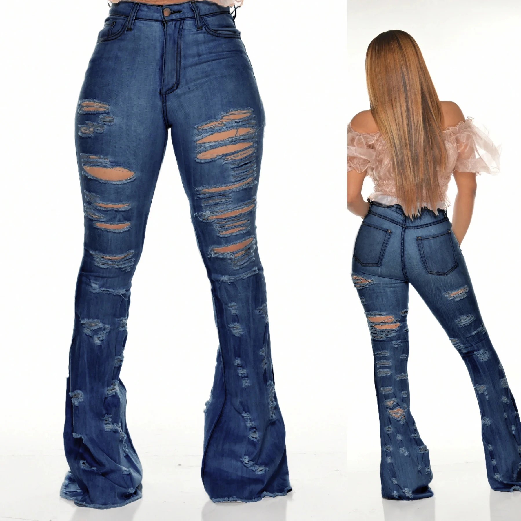 

Wholesale Wide leg Ripped personality street trend horn bell bottom denim pants women jeans