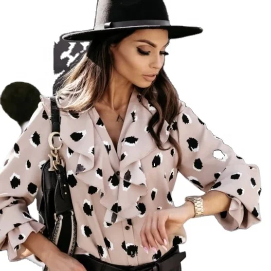 

V-neck ruffled button long-sleeved shirt Women's wholesale printed shirt tops